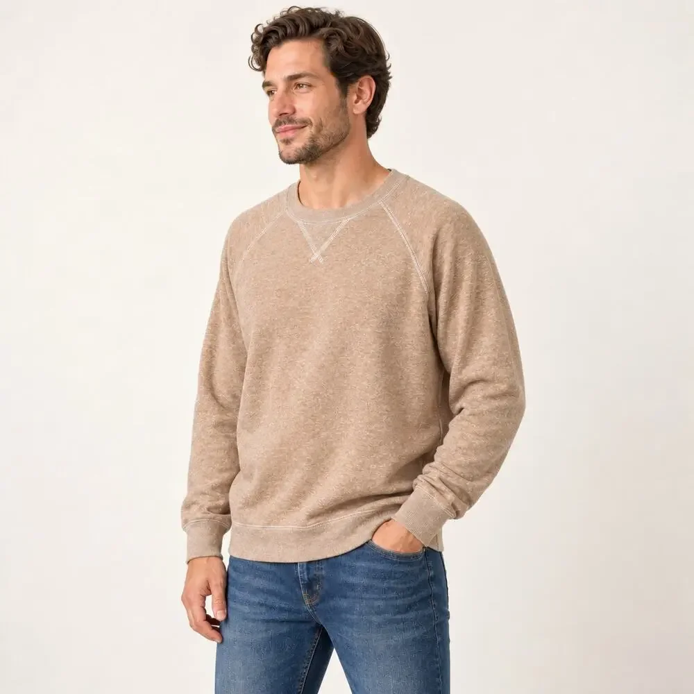 J.Crew Sweatshirt MENS L Tan Crewneck Fleece Raglan Cotton Blend Heritage Sport